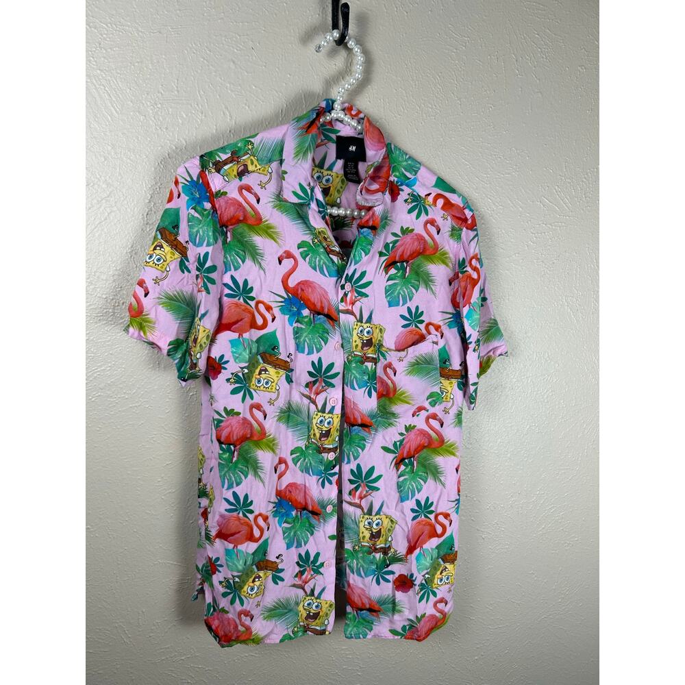H&M Men’s Size XS Shirt SpongeBob SquarePants Button Front Tropical Hawaiian Top - Picture 4 of 8